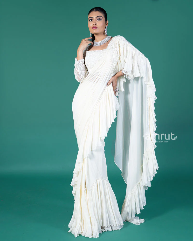 Cream Ready to wear Saree with Embellished Blouse - Image 4