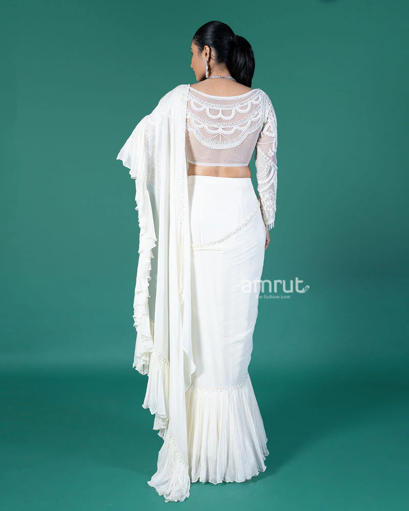 Cream Ready to wear Saree with Embellished Blouse - Image 5