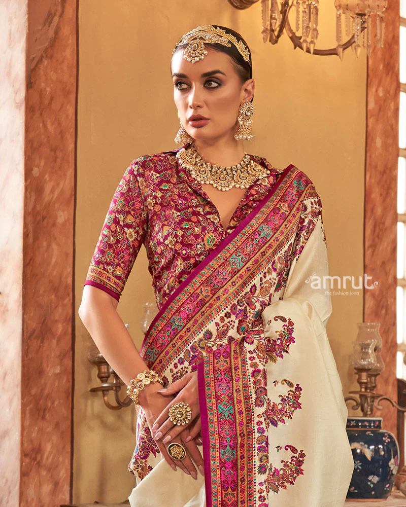 Cream Saree with Multicolored Paisley Print and Unstitched Blouse - Image 2