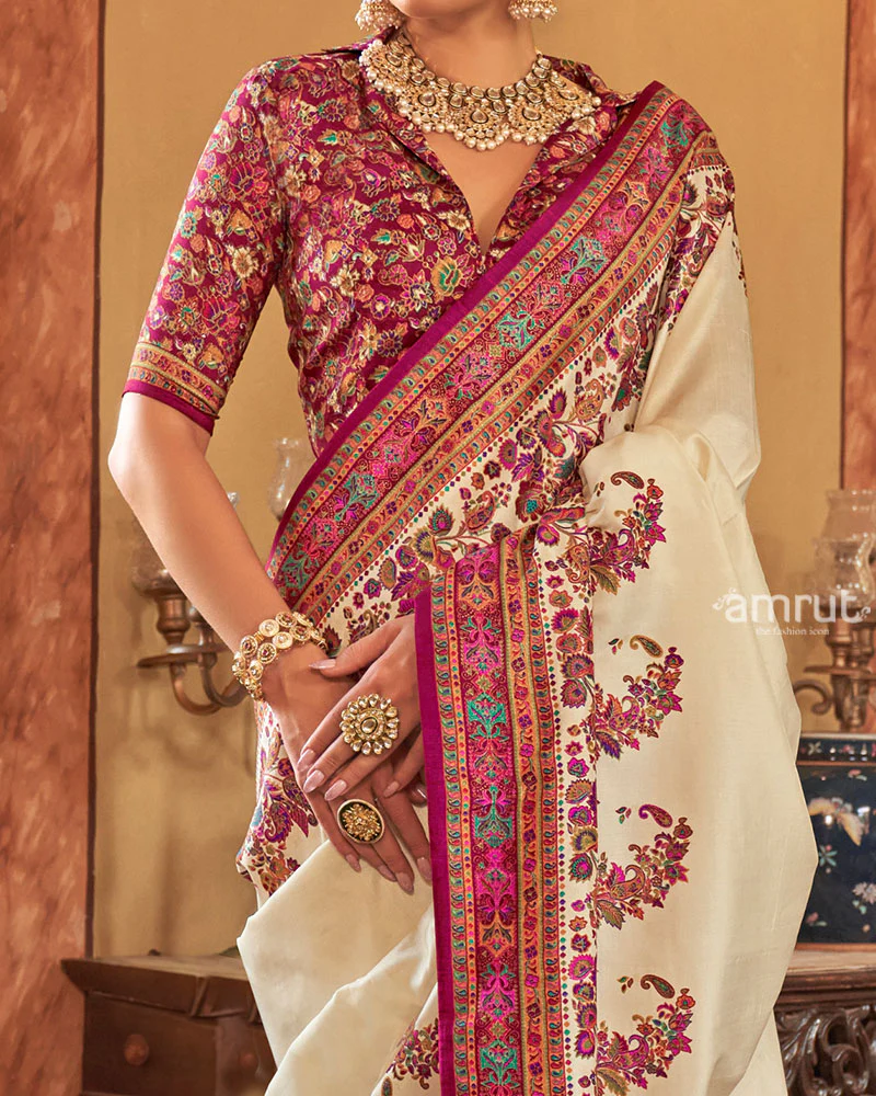 Cream Saree with Multicolored Paisley Print and Unstitched Blouse - Image 3