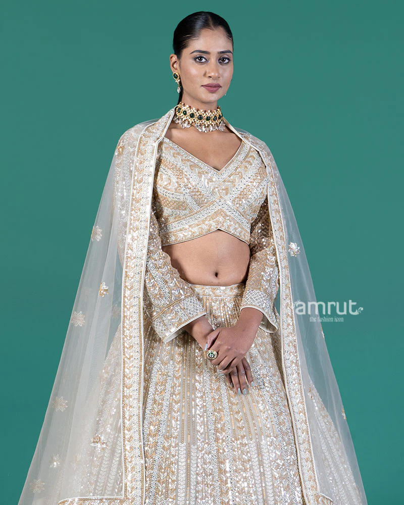 Cream Sequined Lehenga Choli with Dupatta - Image 2