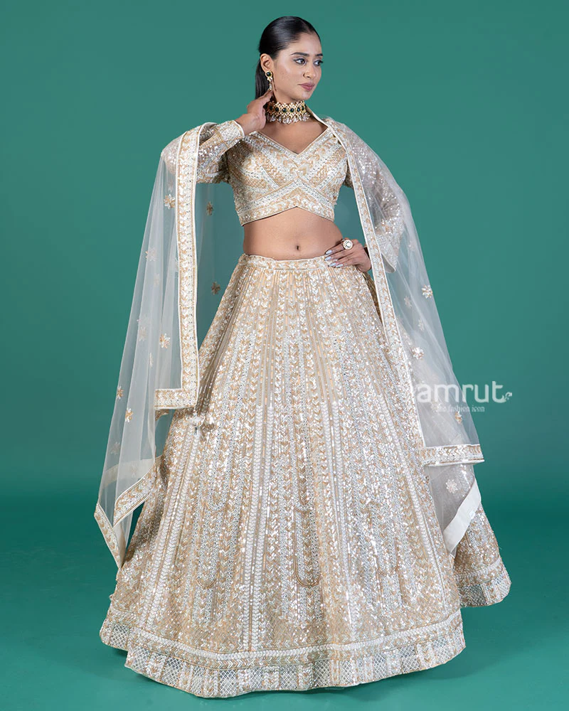 Cream Sequined Lehenga Choli with Dupatta - Image 4