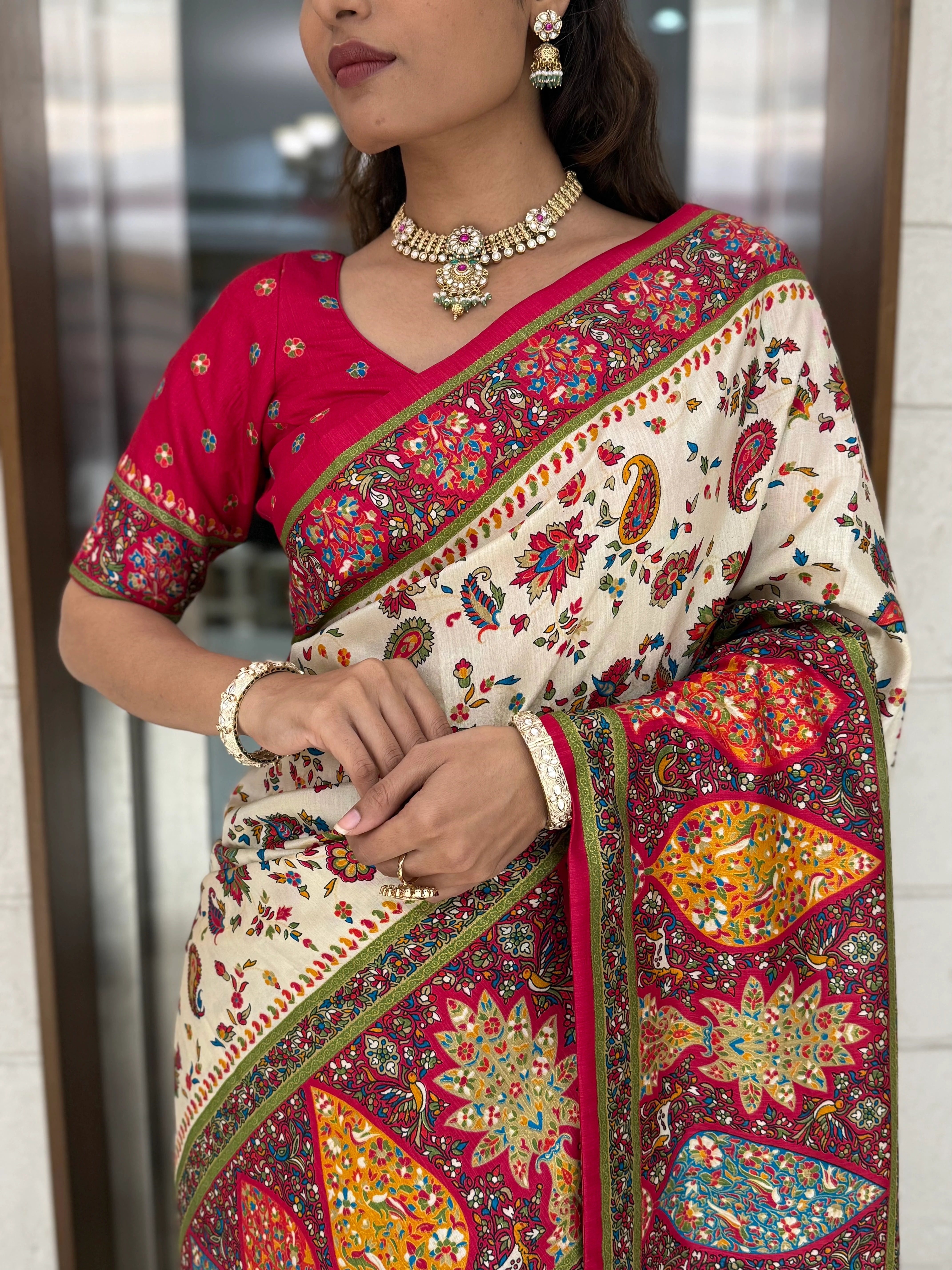 Cream Silk Patola Print Saree with Hand-Embroidered Border & Tassels - Image 2