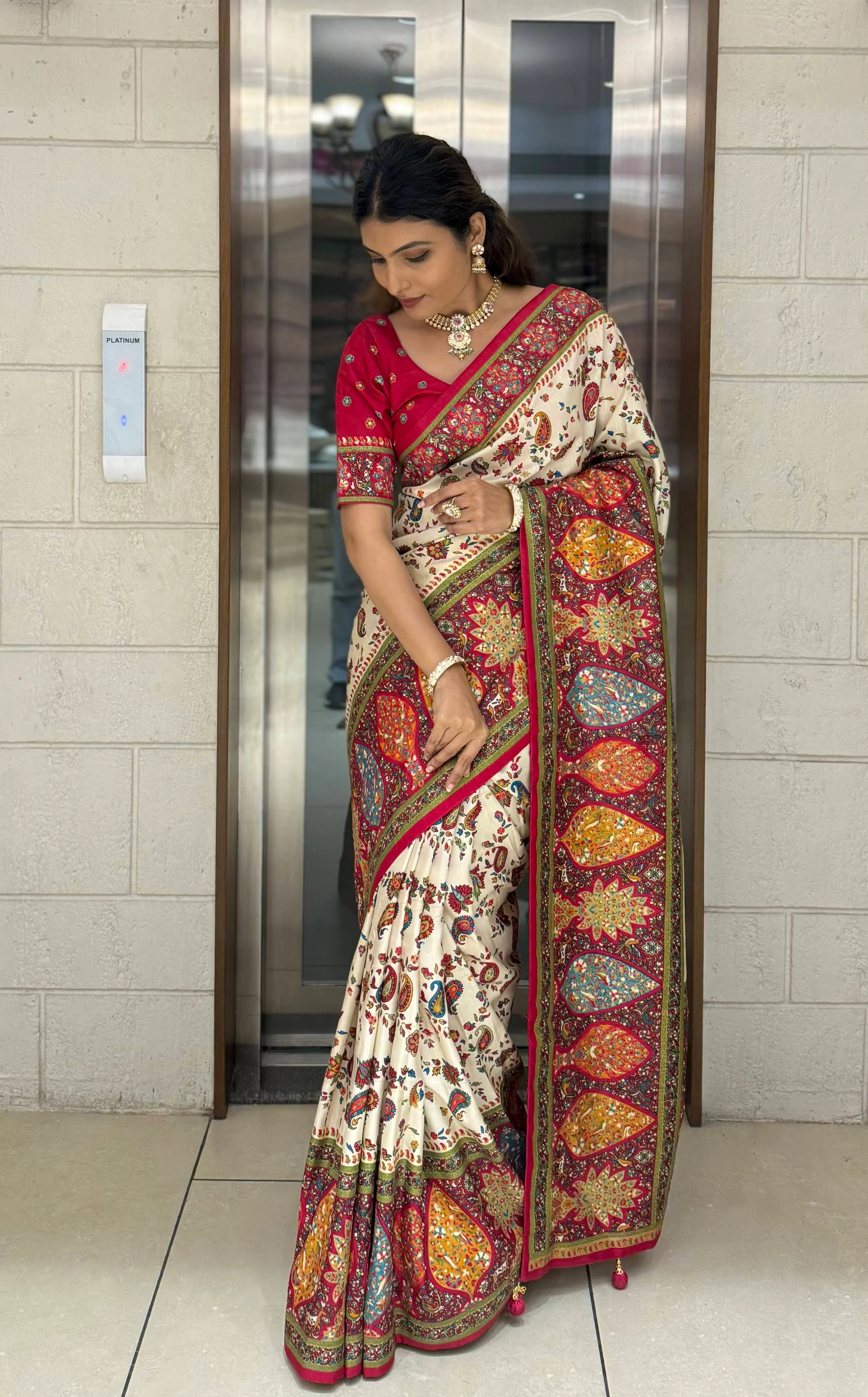 Cream Silk Patola Print Saree with Hand-Embroidered Border & Tassels - Image 3