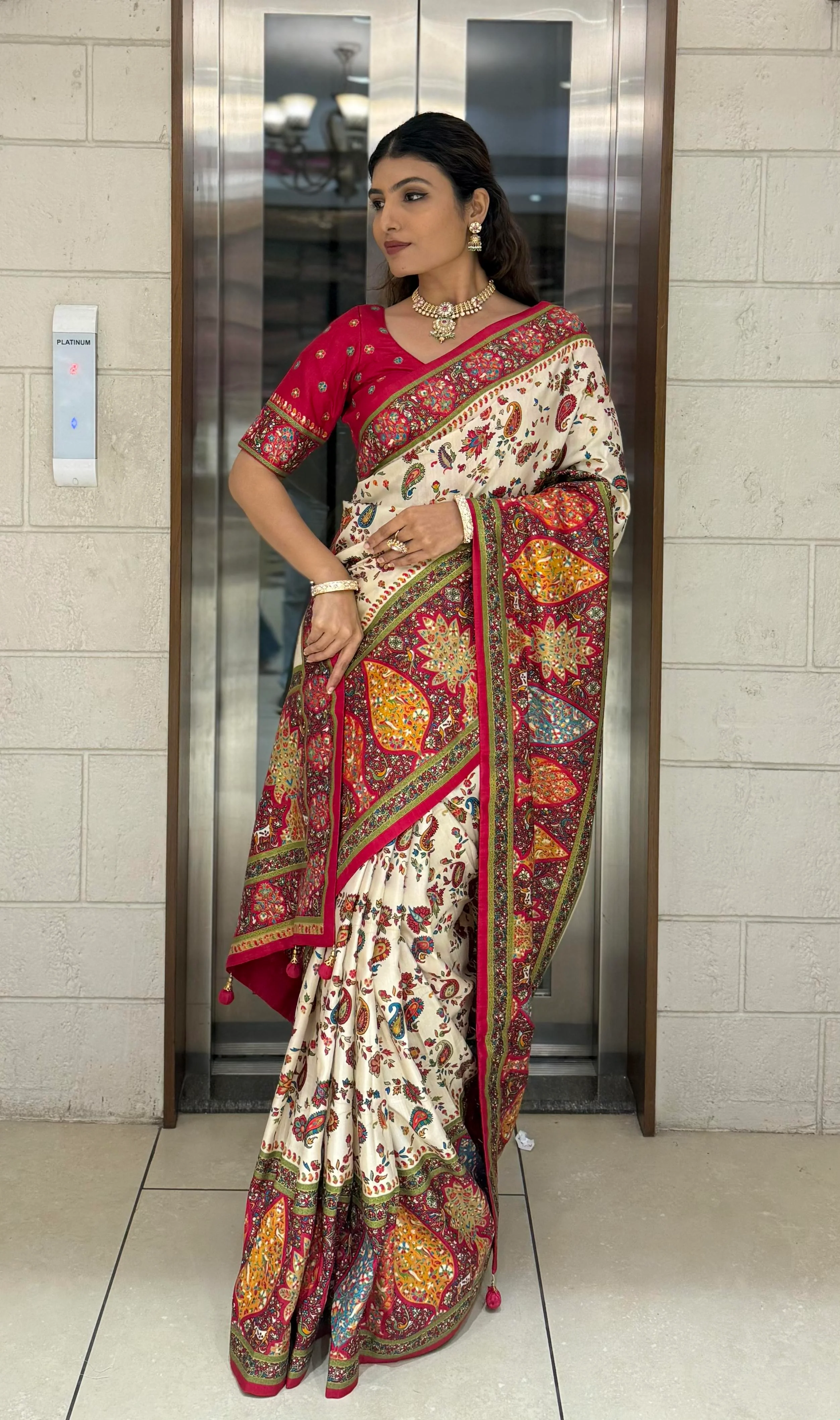 Cream Silk Patola Print Saree with Hand-Embroidered Border & Tassels - Image 4