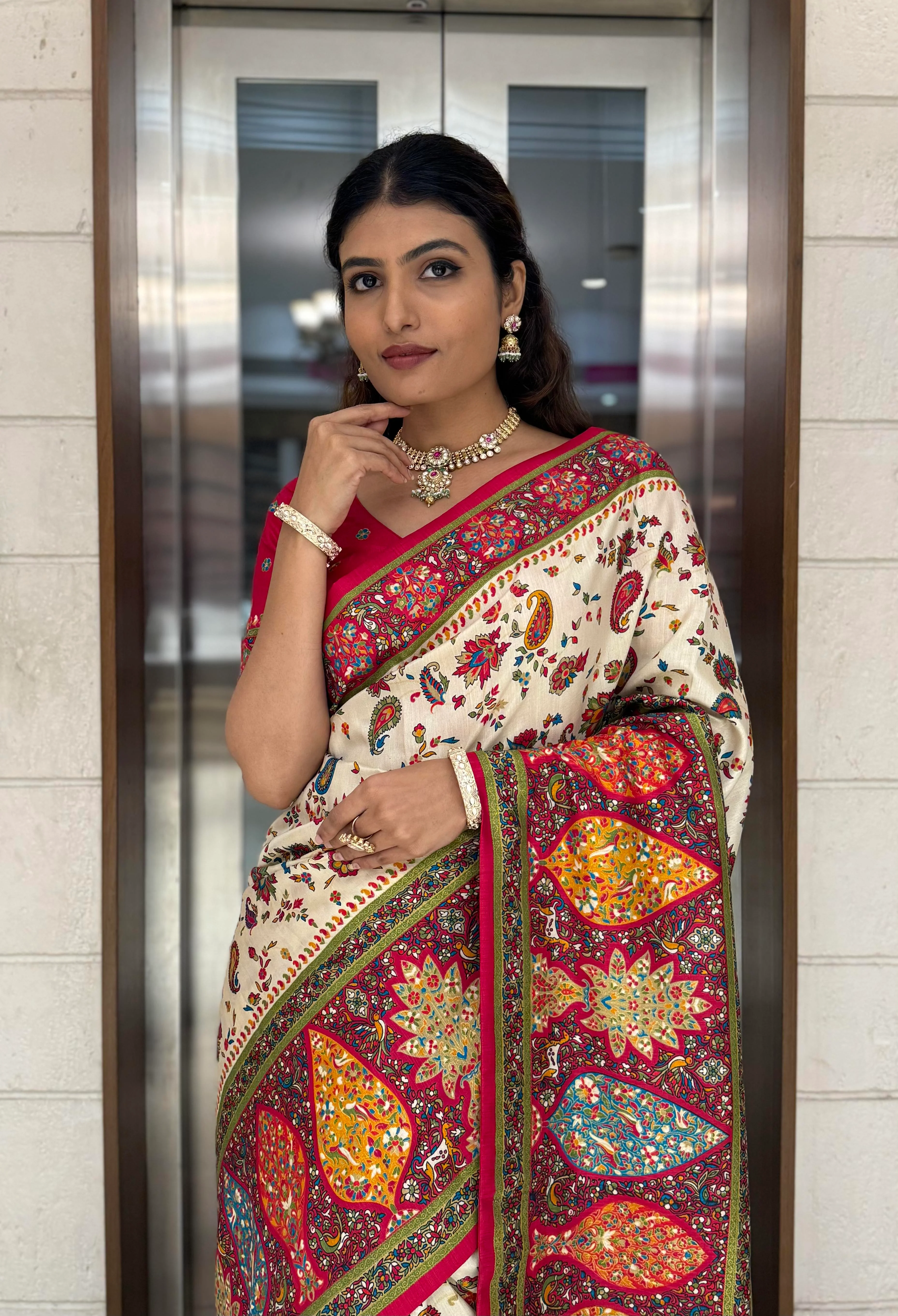 Cream Silk Patola Print Saree with Hand-Embroidered Border & Tassels - Image 5