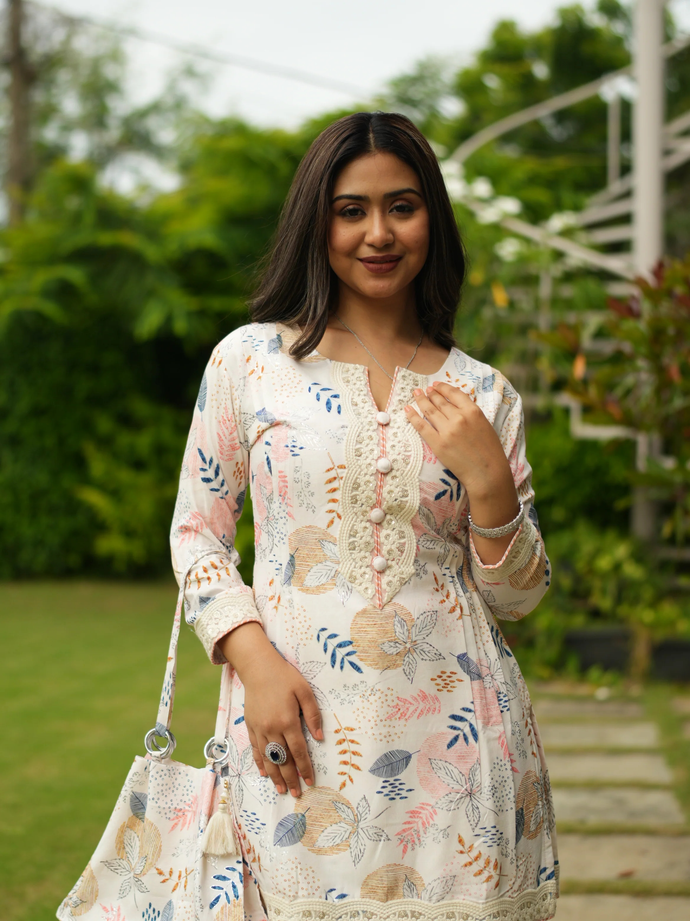 Cream White Embroidered Suit Set with Matching Bag - Image 5