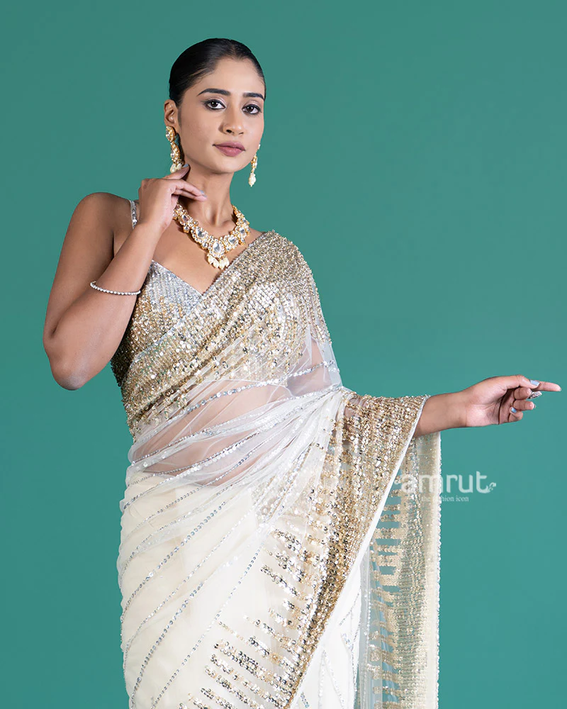 Cream with Golden Silver Sequin Embellishments Net Saree and Embroidered Blouse - Image 2