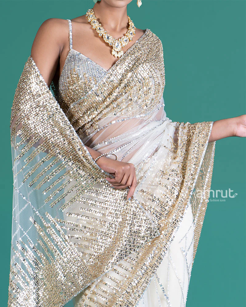 Cream with Golden Silver Sequin Embellishments Net Saree and Embroidered Blouse - Image 3