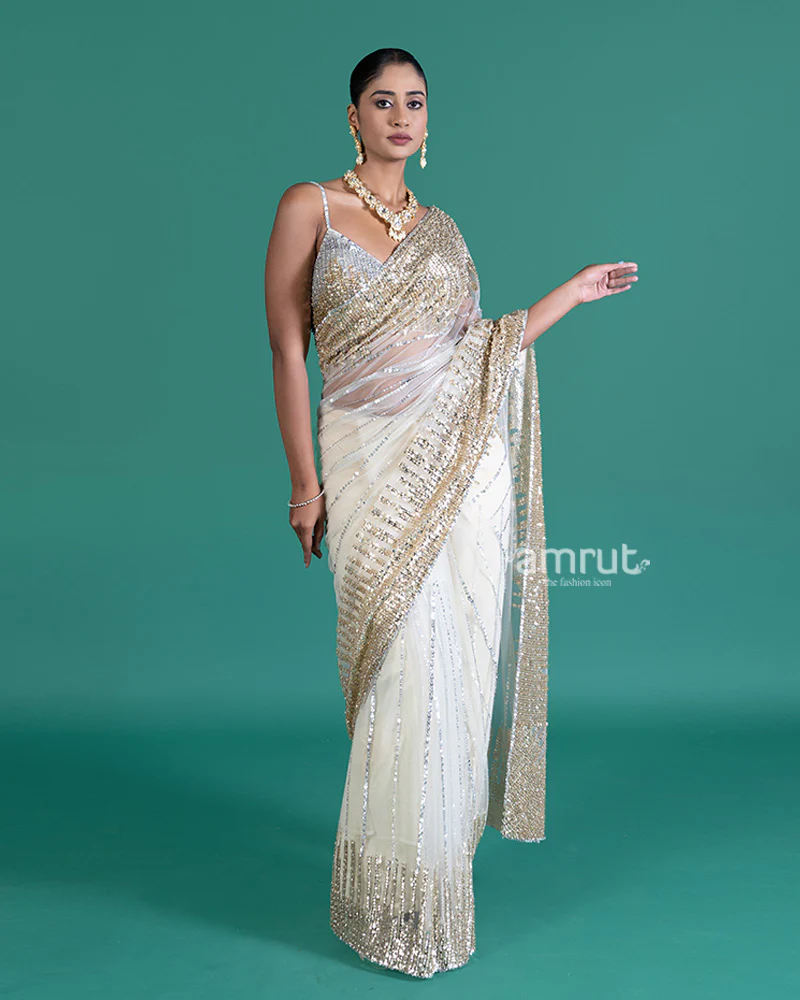 Cream with Golden Silver Sequin Embellishments Net Saree and Embroidered Blouse - Image 5