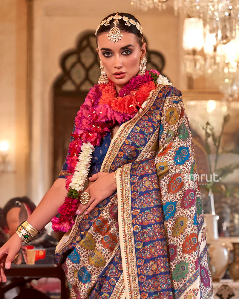 Cream with Multicolored Printed Saree and Unstitched Blouse - Image 2