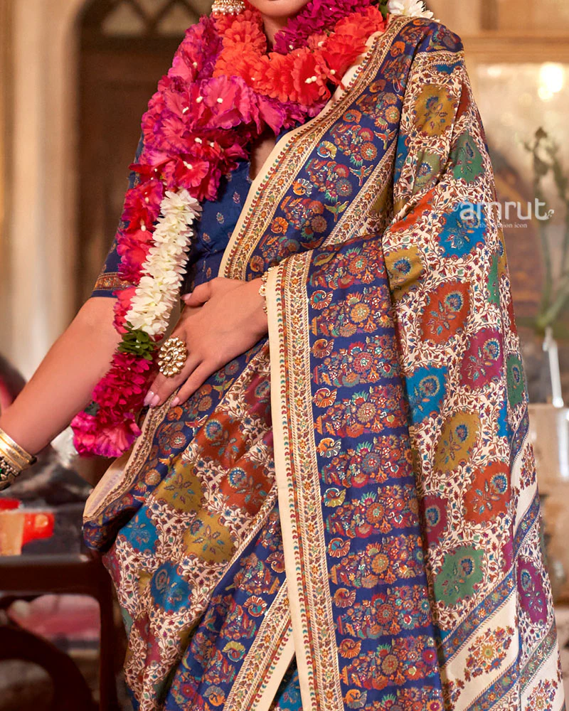 Cream with Multicolored Printed Saree and Unstitched Blouse - Image 3