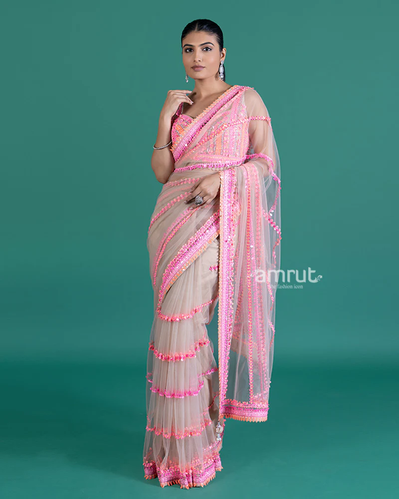 Cream with Pink Sequin Embellished Net Saree and Sleeveless Embellished Blouse - Image 2