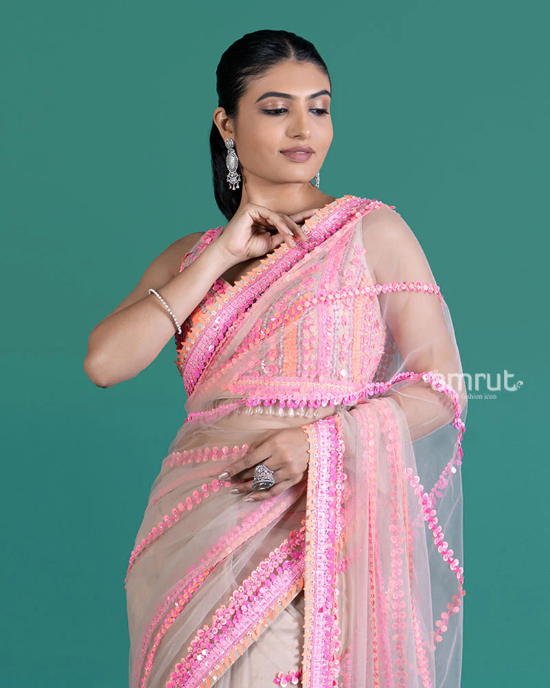 Cream with Pink Sequin Embellished Net Saree and Sleeveless Embellished Blouse - Image 3