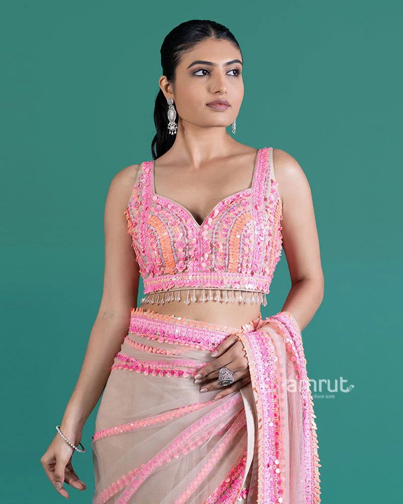 Cream with Pink Sequin Embellished Net Saree and Sleeveless Embellished Blouse - Image 5