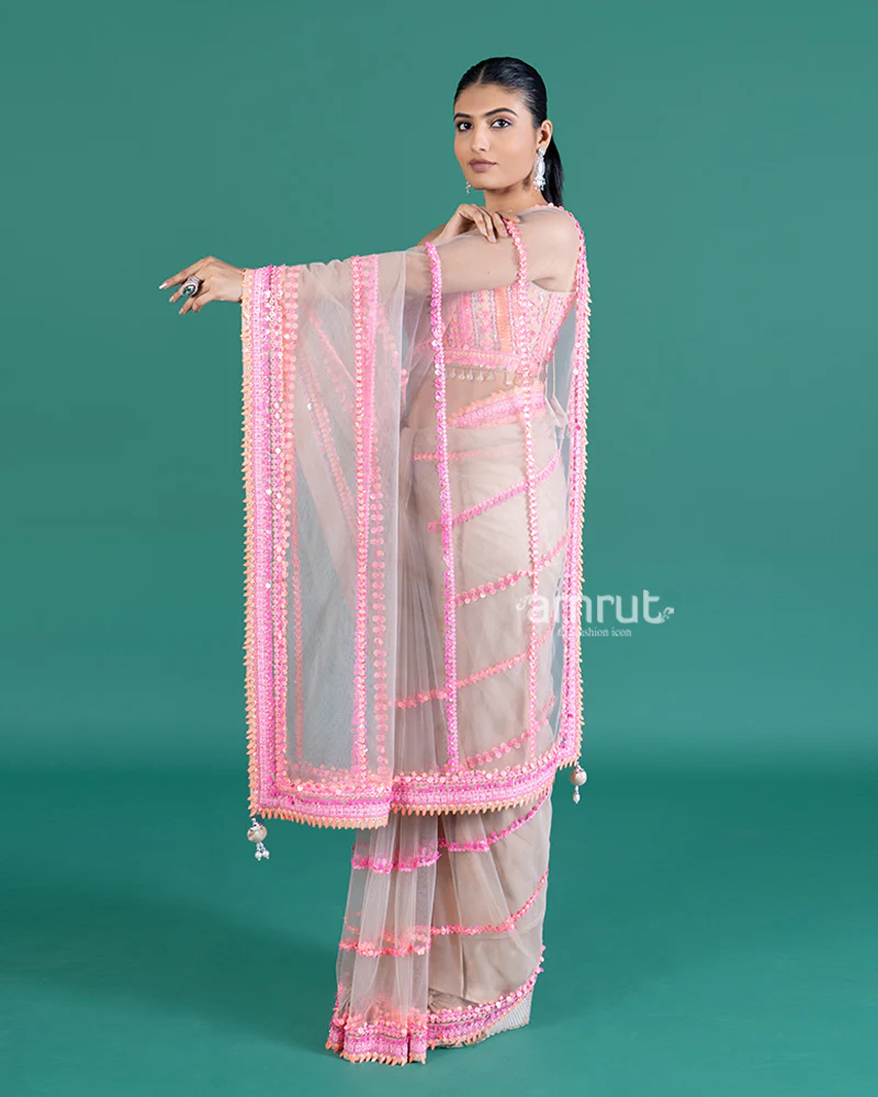 Cream with Pink Sequin Embellished Net Saree and Sleeveless Embellished Blouse - Image 6