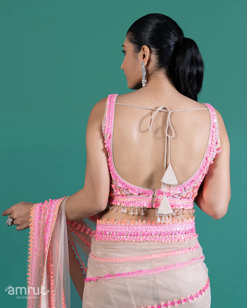 Cream with Pink Sequin Embellished Net Saree and Sleeveless Embellished Blouse - Image 7