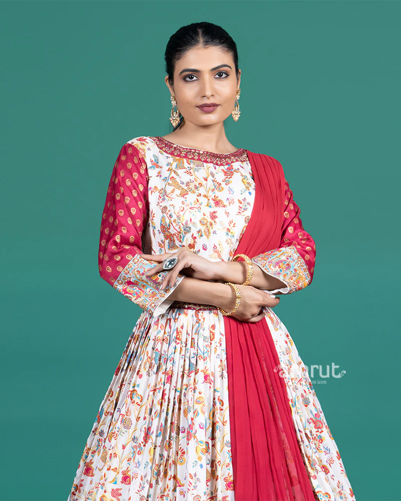 Cream with Red Printed Zari Border Ethnic Gown and Dupatta - Image 2