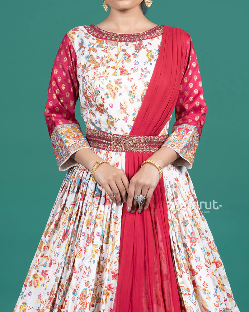 Cream with Red Printed Zari Border Ethnic Gown and Dupatta - Image 3