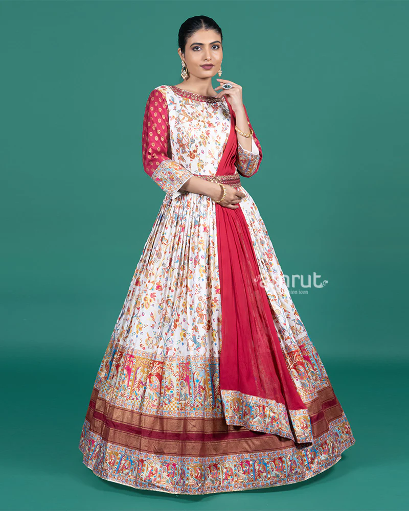 Cream with Red Printed Zari Border Ethnic Gown and Dupatta - Image 4