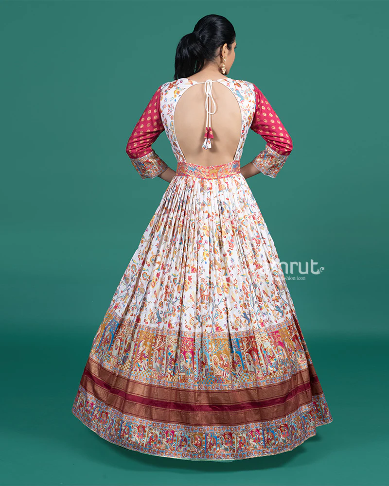 Cream with Red Printed Zari Border Ethnic Gown and Dupatta - Image 5