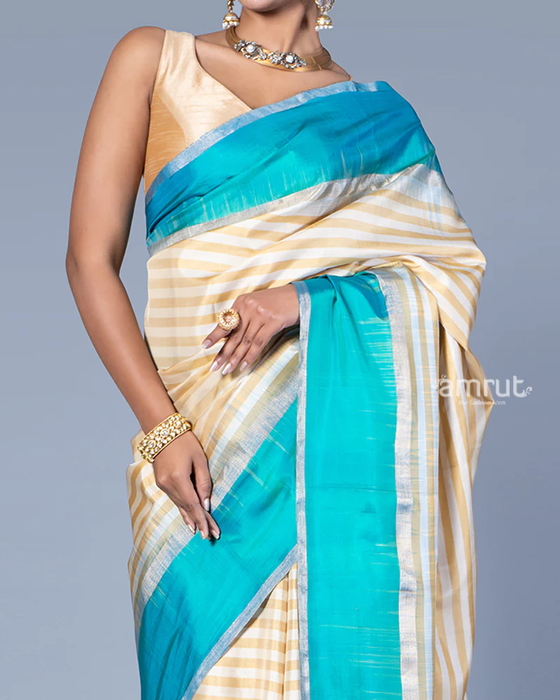 Cream with Teal Blue and Silver Stripes Saree with Unstitched Blouse - Image 3