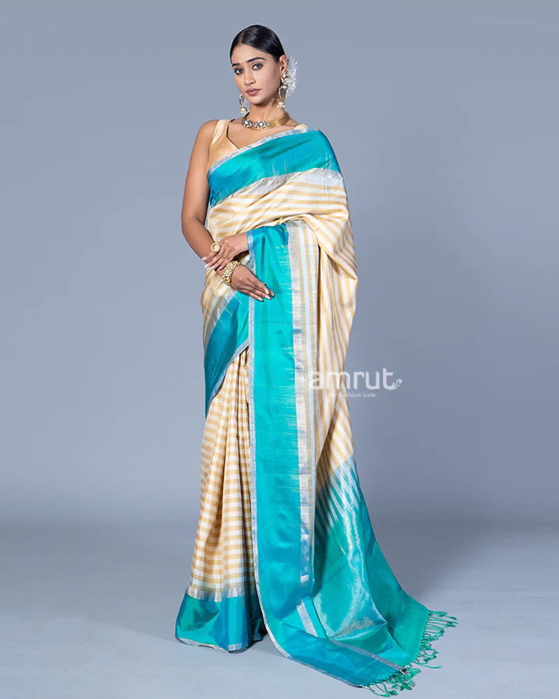 Cream with Teal Blue and Silver Stripes Saree with Unstitched Blouse - Image 4