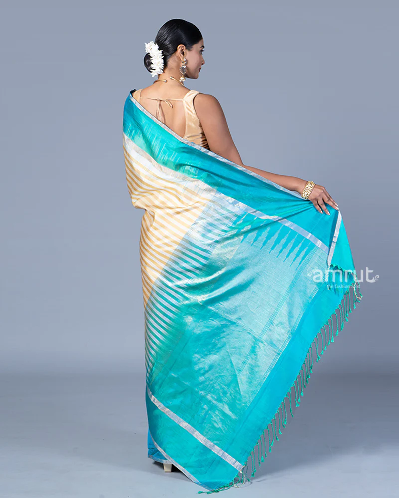 Cream with Teal Blue and Silver Stripes Saree with Unstitched Blouse - Image 5