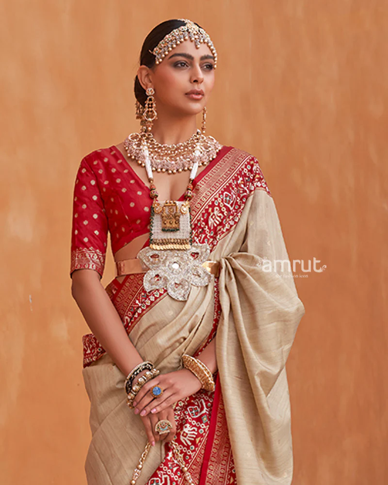 Cream Zari Weaving Red Border Saree in Patola Silk with Unstitched Blouse - Image 2