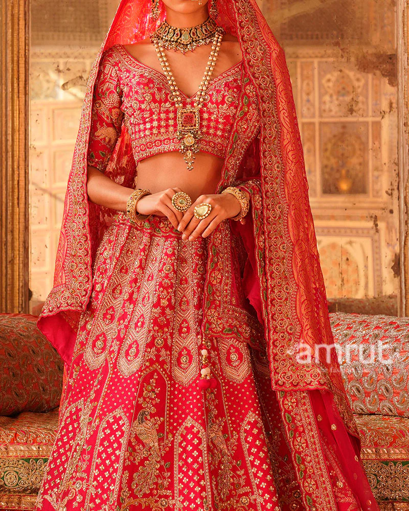 Crimson Pink Elegance Golden Embroidered Bridal Lehenga with Gradient Dupatta - Image 3