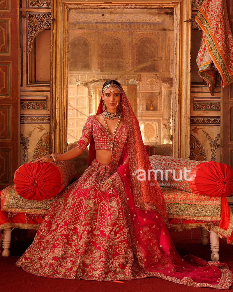Crimson Pink Elegance Golden Embroidered Bridal Lehenga with Gradient Dupatta - Image 4