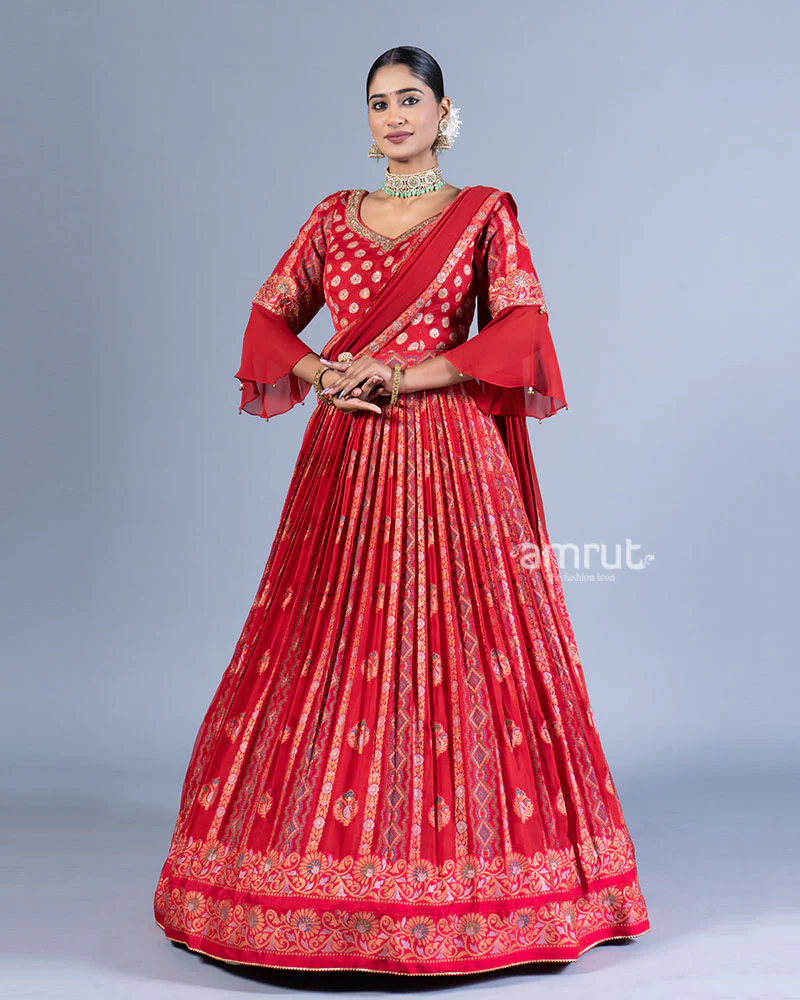 Crimson Red Embroidered Gown and Bell Sleeves with Dupatta - Image 2