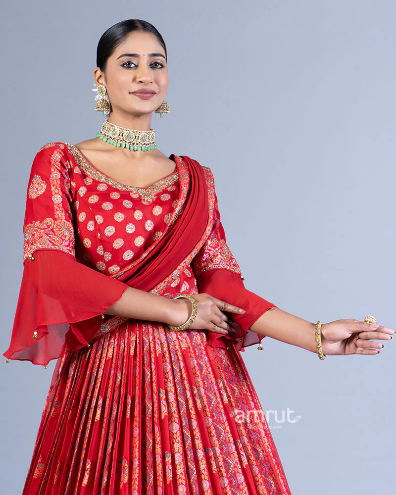 Crimson Red Embroidered Gown and Bell Sleeves with Dupatta - Image 3