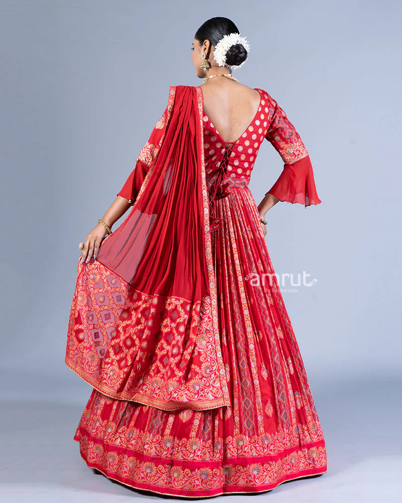 Crimson Red Embroidered Gown and Bell Sleeves with Dupatta - Image 4