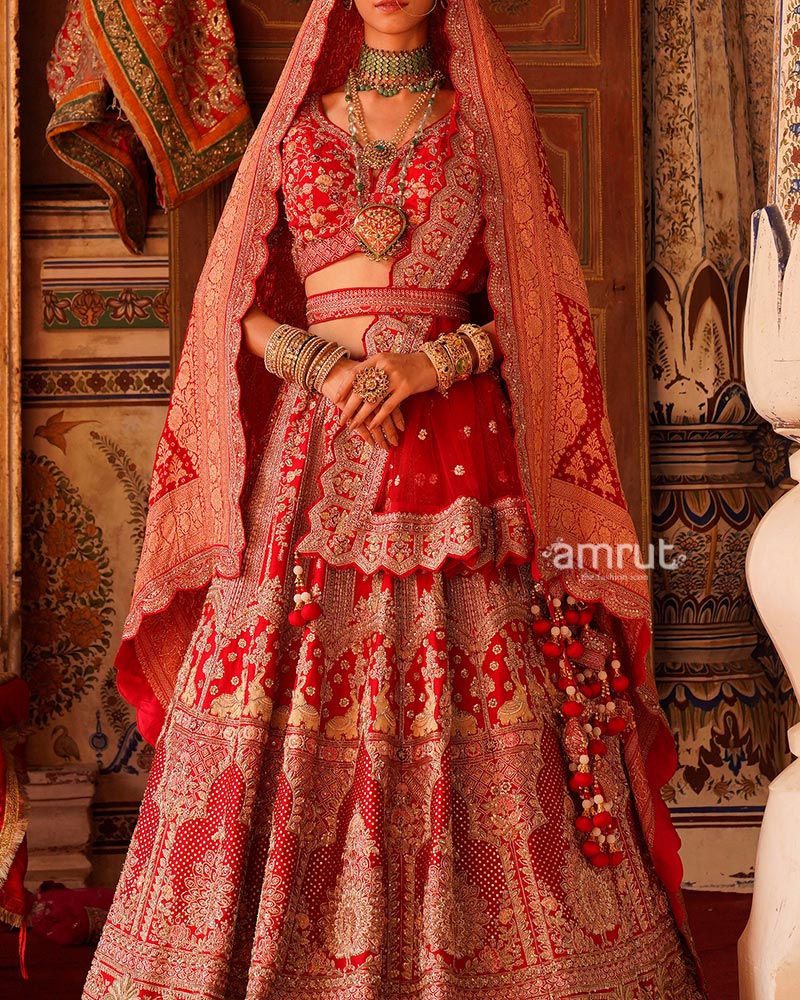 Crimson Red Golden Embroidered Bridal Lehenga Choli with Maroon Dupatta - Image 3