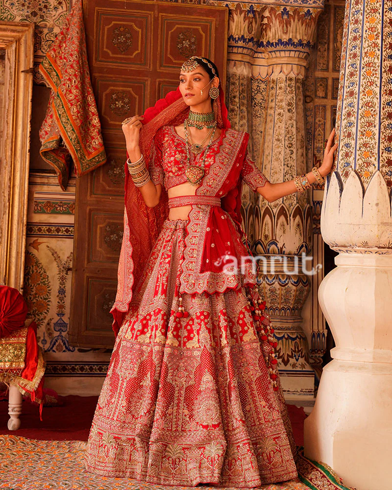 Crimson Red Golden Embroidered Bridal Lehenga Choli with Maroon Dupatta - Image 4