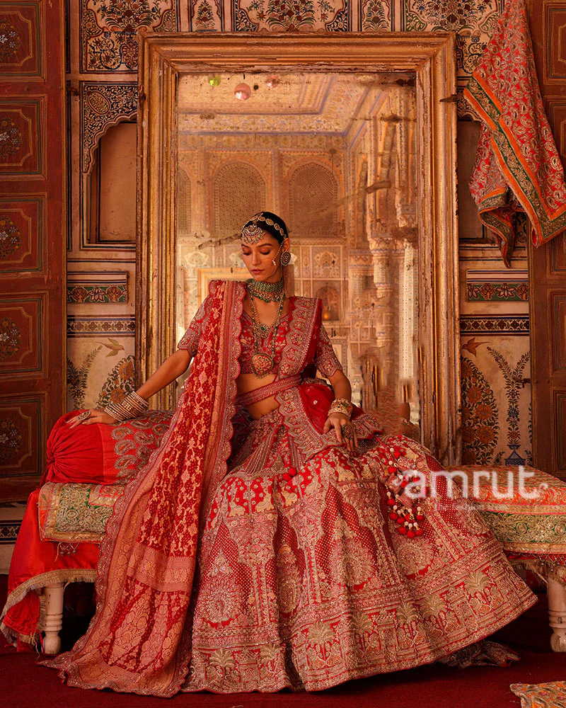 Crimson Red Golden Embroidered Bridal Lehenga Choli with Maroon Dupatta - Image 5