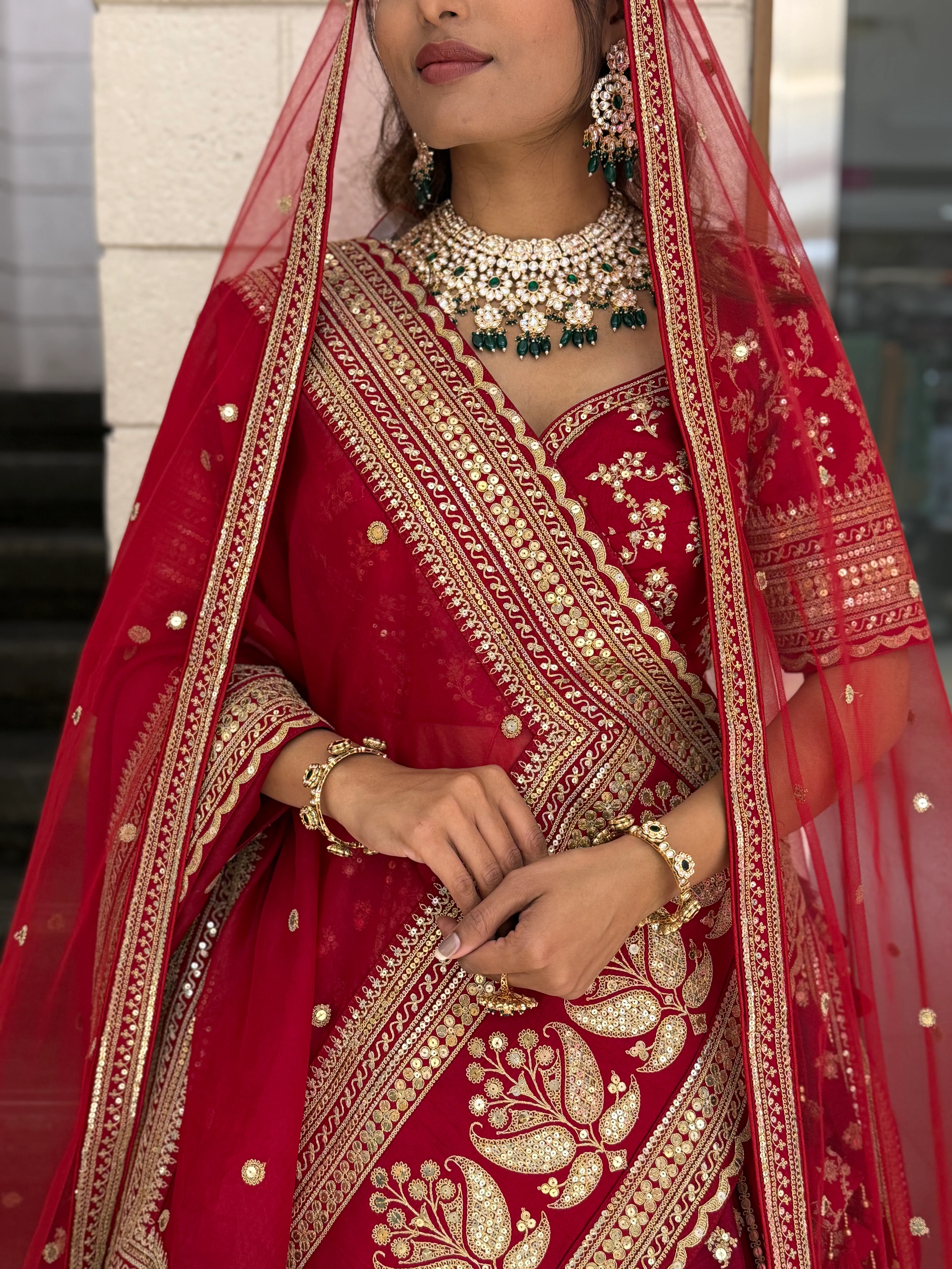 Crimson Red Heavy Embroidered Bridal Lehenga Choli with Gold Zari Work & Double Dupatta - Image 2