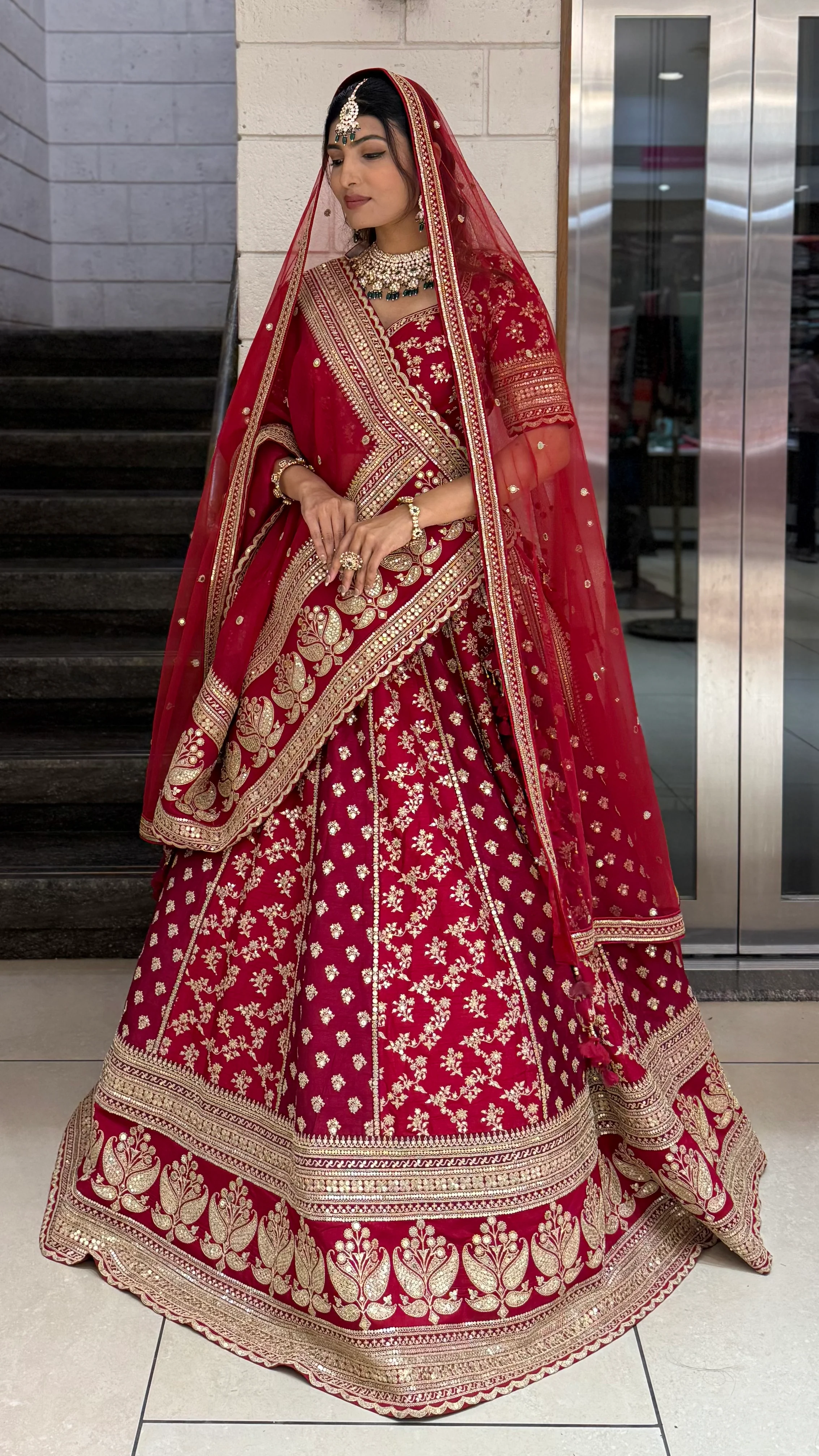 Crimson Red Heavy Embroidered Bridal Lehenga Choli with Gold Zari Work & Double Dupatta - Image 3