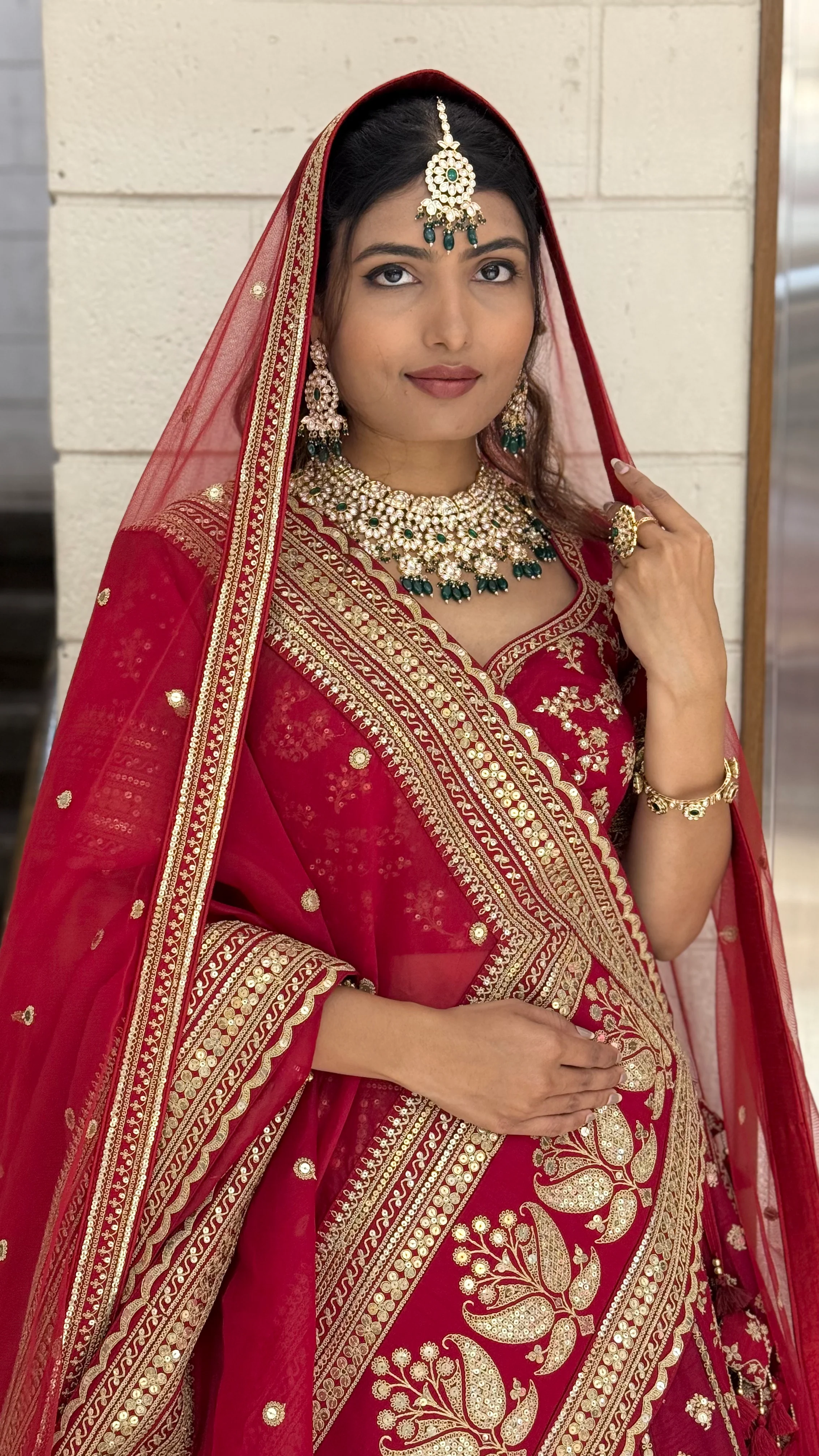 Crimson Red Heavy Embroidered Bridal Lehenga Choli with Gold Zari Work & Double Dupatta - Image 5