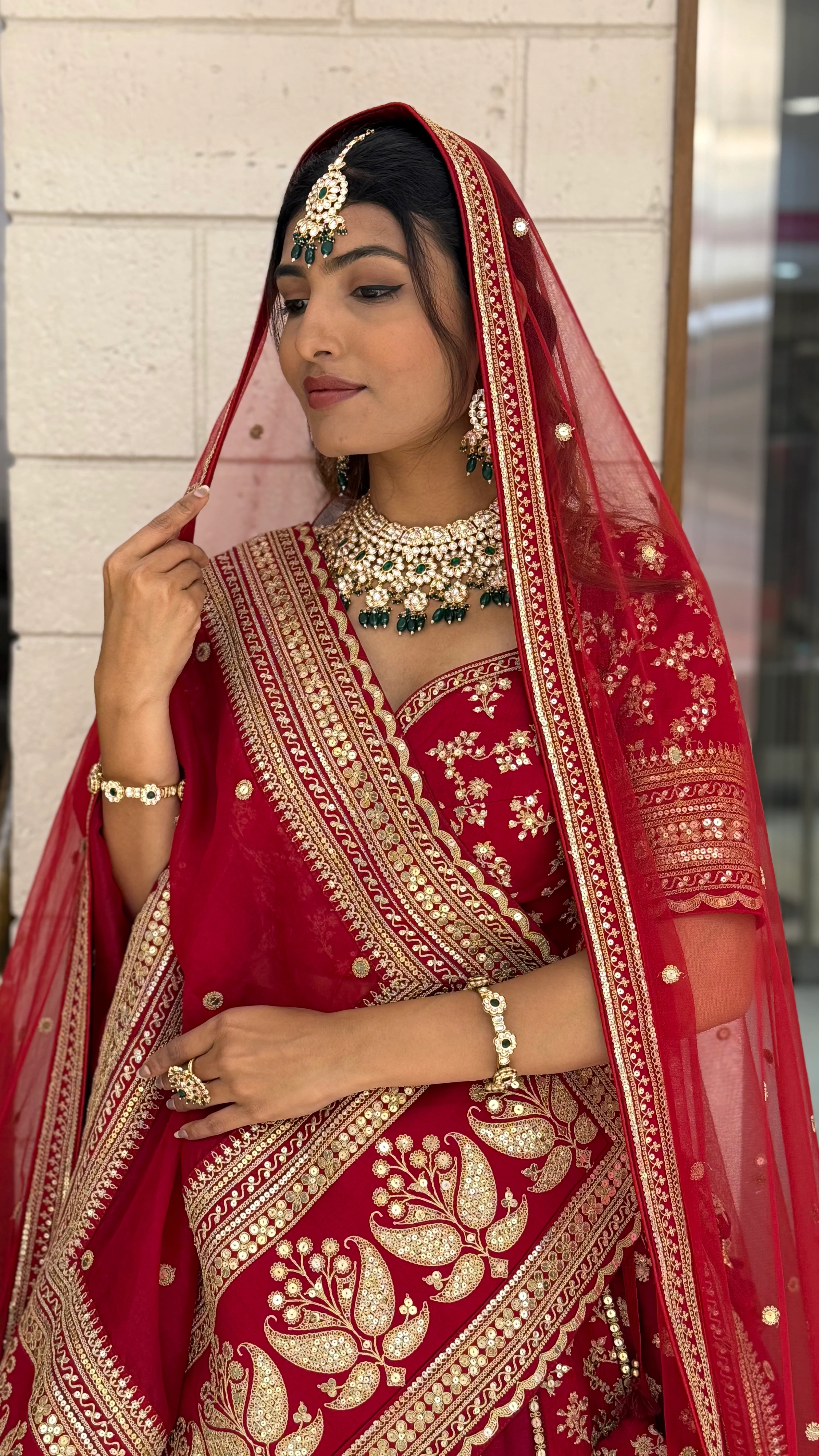 Crimson Red Heavy Embroidered Bridal Lehenga Choli with Gold Zari Work & Double Dupatta - Image 6