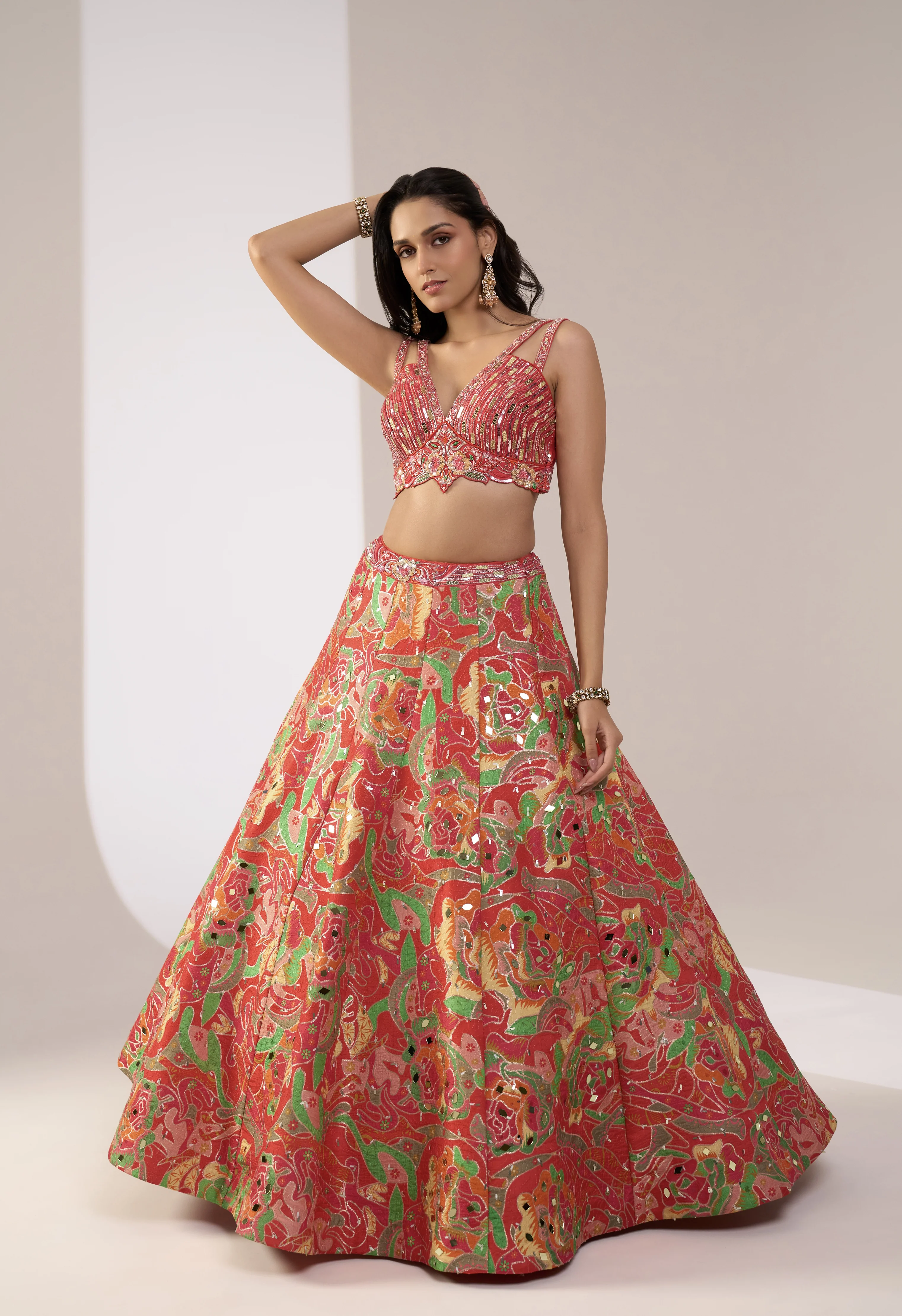Crimson Red Multicolour Printed Designer Lehenga Set with Embellished Blouse & Dupatta - Image 3
