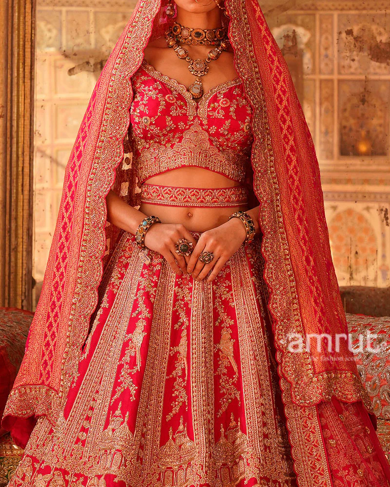 Crimson Red with Gold Embroidery and Sequins Bridal Lehenga Choli - Image 3
