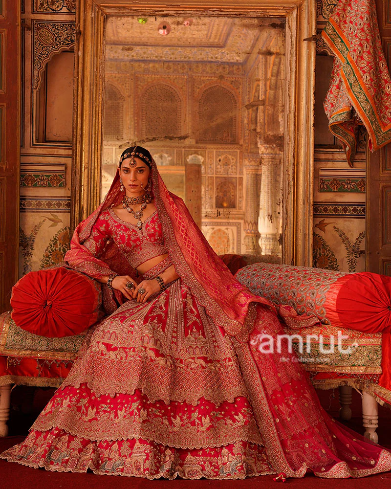 Crimson Red with Gold Embroidery and Sequins Bridal Lehenga Choli - Image 4