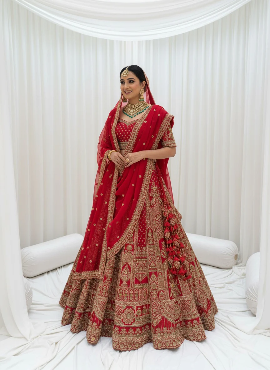 Crimson Red Zardozi Bridal Lehenga with Double Dupatta – The Royal Heritage Edit - Image 3