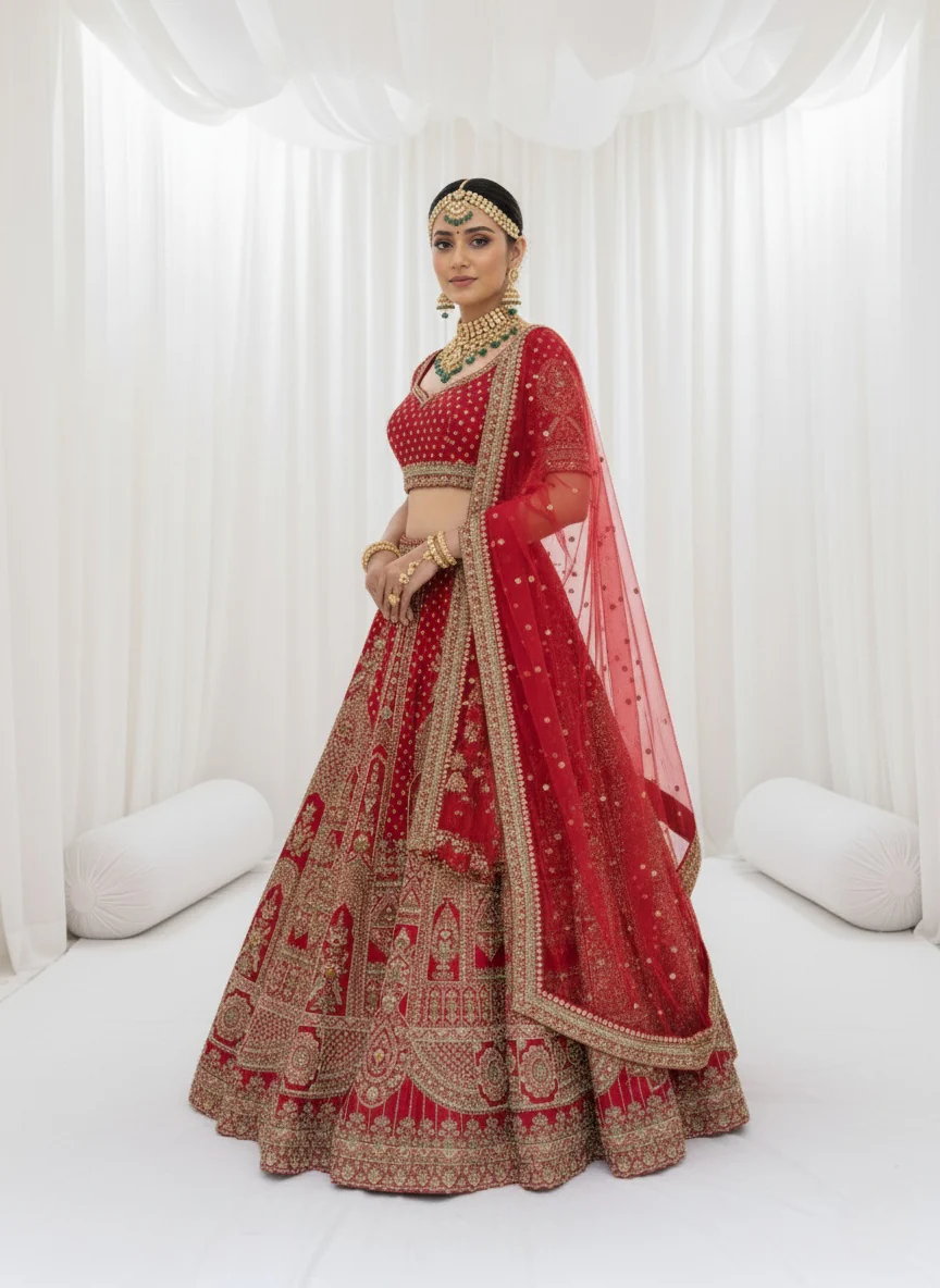 Crimson Red Zardozi Bridal Lehenga with Double Dupatta – The Royal Heritage Edit - Image 4