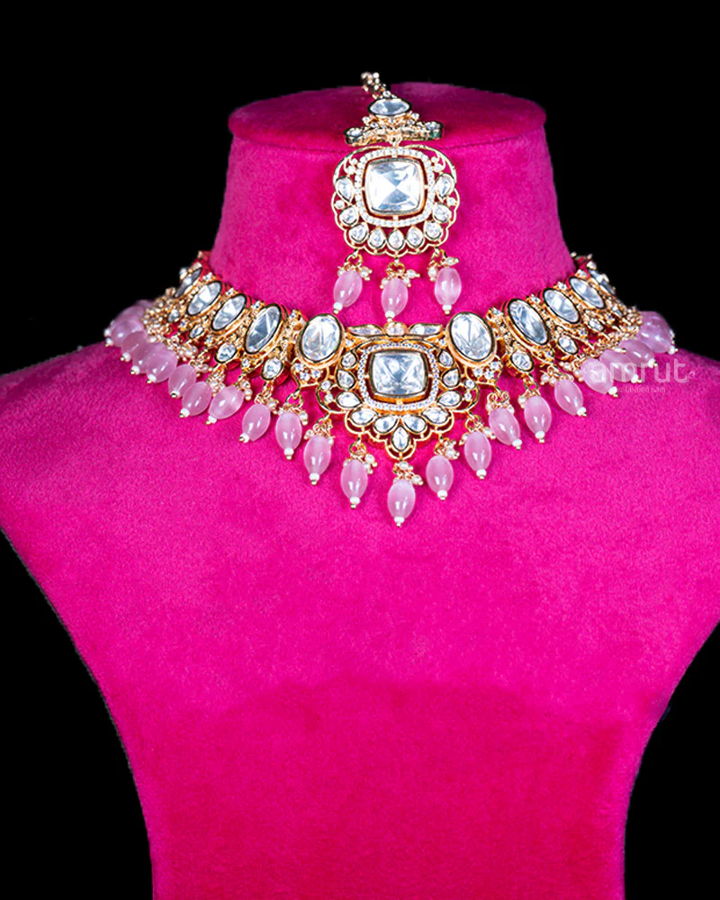 Crystal Design with Pink Teardrop Beads and Square Pendant Necklace and Earrings - Image 2