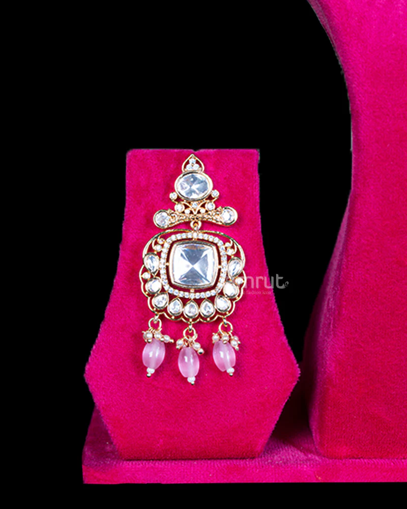 Crystal Design with Pink Teardrop Beads and Square Pendant Necklace and Earrings - Image 3