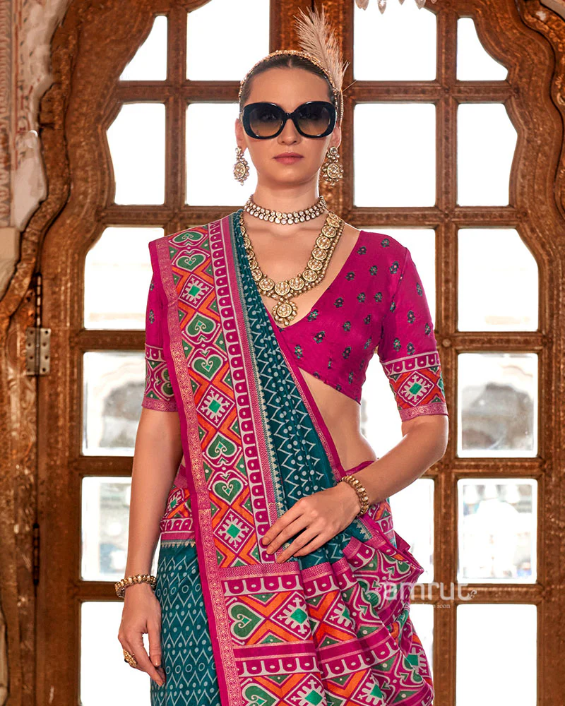 Cyan Patola Printed Silk Saree with Unstitched Blouse - Image 2