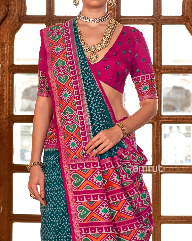Cyan Patola Printed Silk Saree with Unstitched Blouse - Image 3